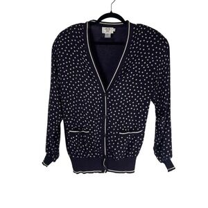 Evan Picone Women's Vintage 80s Navy White Polka Dot V Neck Button Up Cardigan S